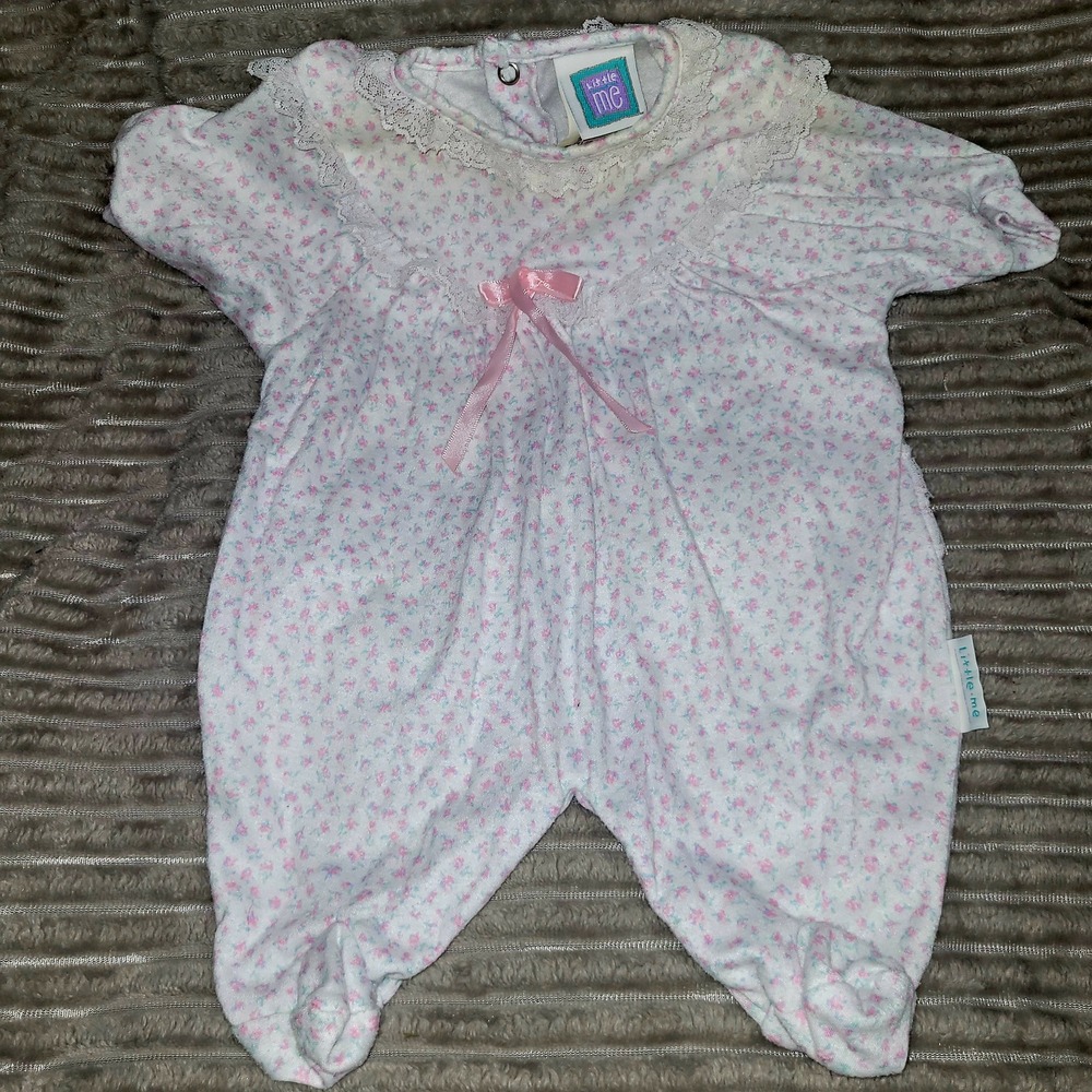 Little Me Vintage Floral Footed Sleeper Lace Ruffle Pink Blue White 7-12lbs
